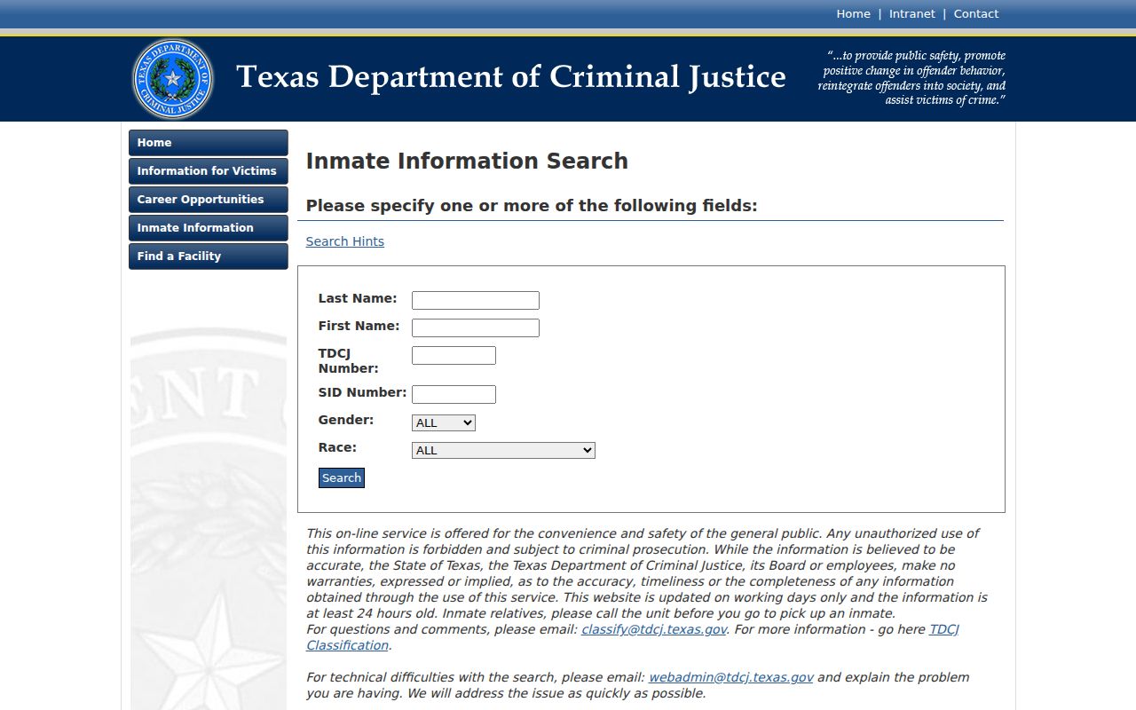 Coleman County arrest lookup route to TDCJ inmate search fields