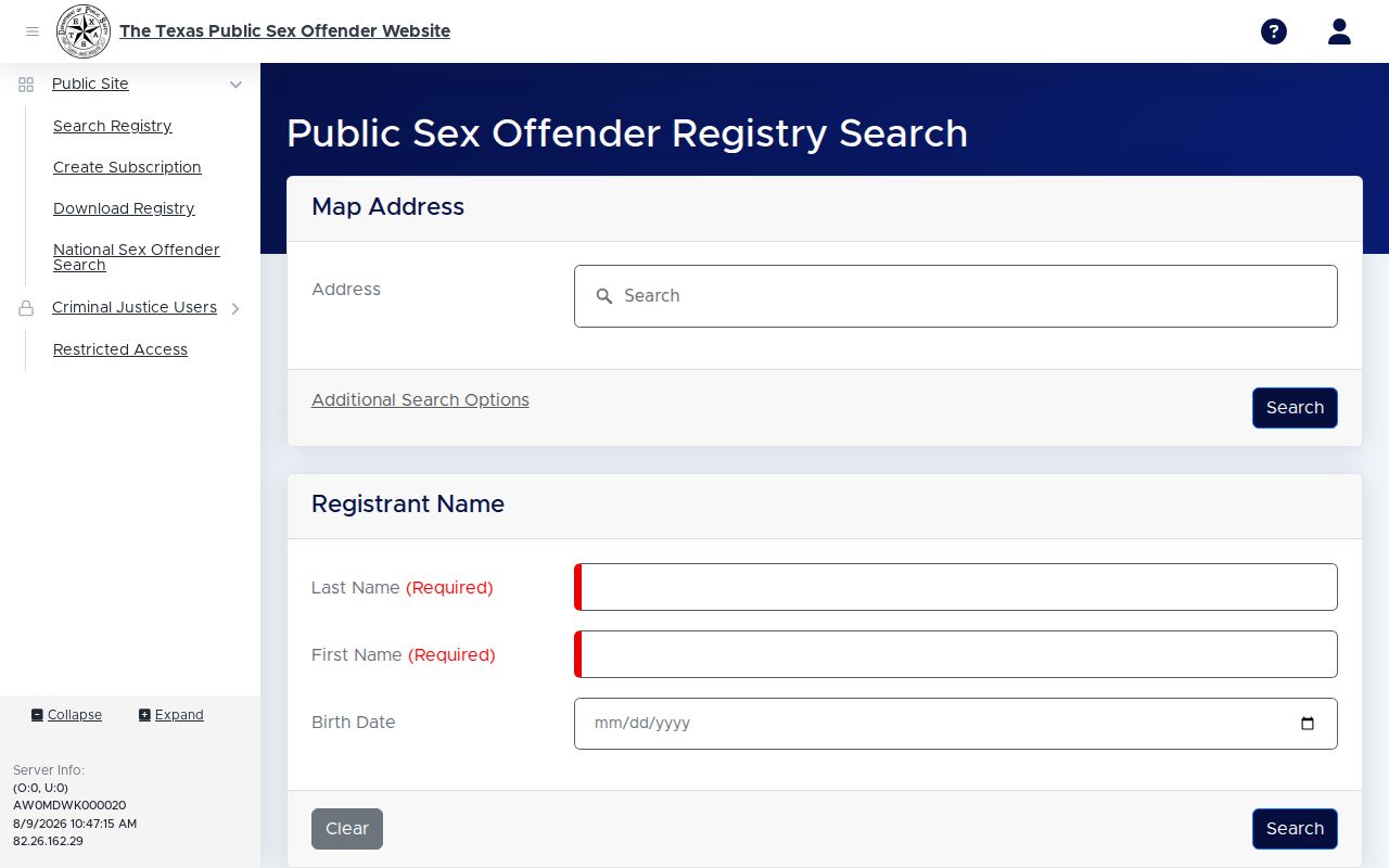 Coleman County sex offender search fields in the Texas DPS registry