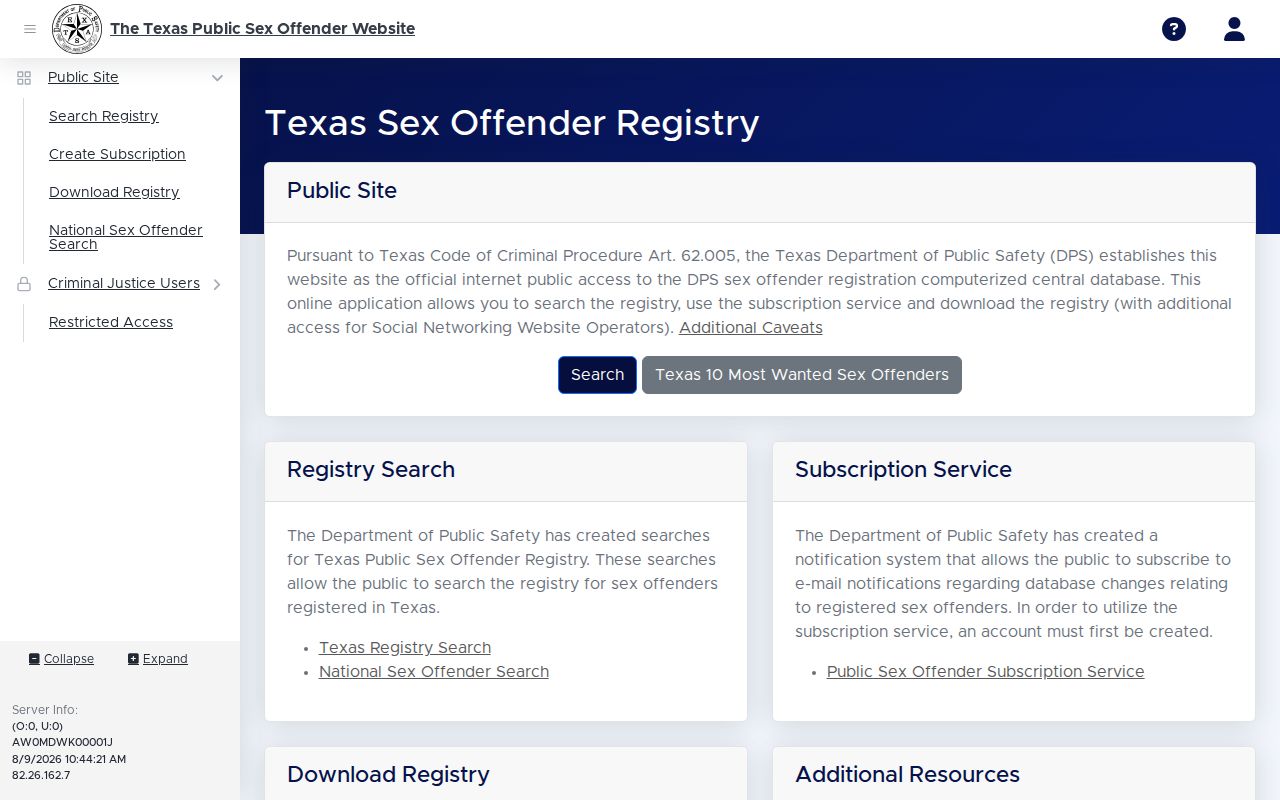 Coleman County sex offender registry profile field layout