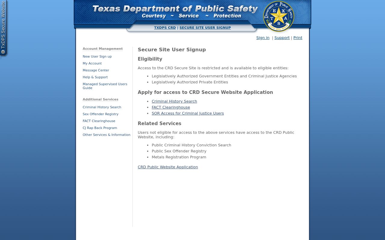 Coleman County criminal records DPS secure account signup